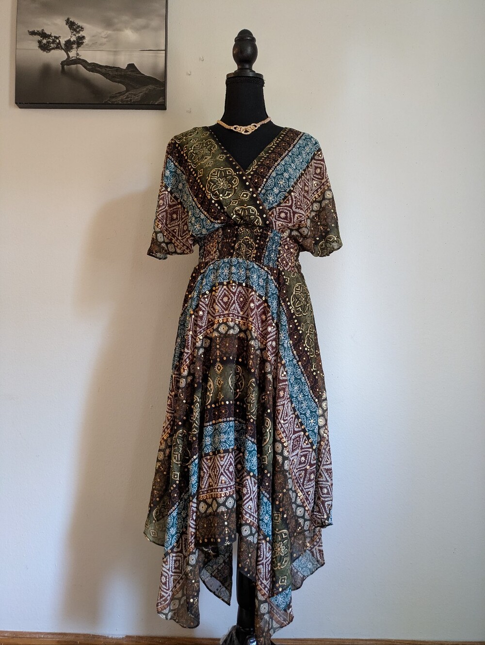 Rabbit Rabbit Designs Boho Patchwork Handkerchief Hem Midi Dress Size 12